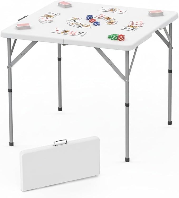 HLPB 34'' Square Folding Card Table, Fold-in-Half Portable Dining Table with Handle and Safety Lock, Foldable Plastic Dining Table Indoor Outdoor for Camping, Picnic and Party Event, White