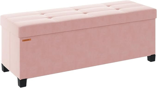 Foldable Storage Ottoman Bench, Velvet Footrest and Seat Cube with Feet, Storage Chest, for Living Room, Bedroom and Office, 15 x 43 x 15.7 Inches, Jelly Pink, ASND24P