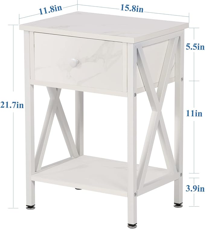 VECELO Nightstands Set of 2, Modern Bedside End Tables, Night Stands with Drawer and Storage Shelf for Living Room Bedroom, Industrial Metal Frame