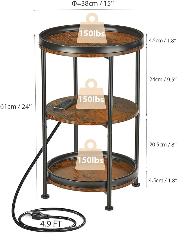 Dulcii Round Side Table with Charging Station, End Table with 3 Shelves for Living Room, Bedroom Nightstand for Small Spaces, Industrial Round Sofa Table with Steel Frame (USB+Rustic Brown)