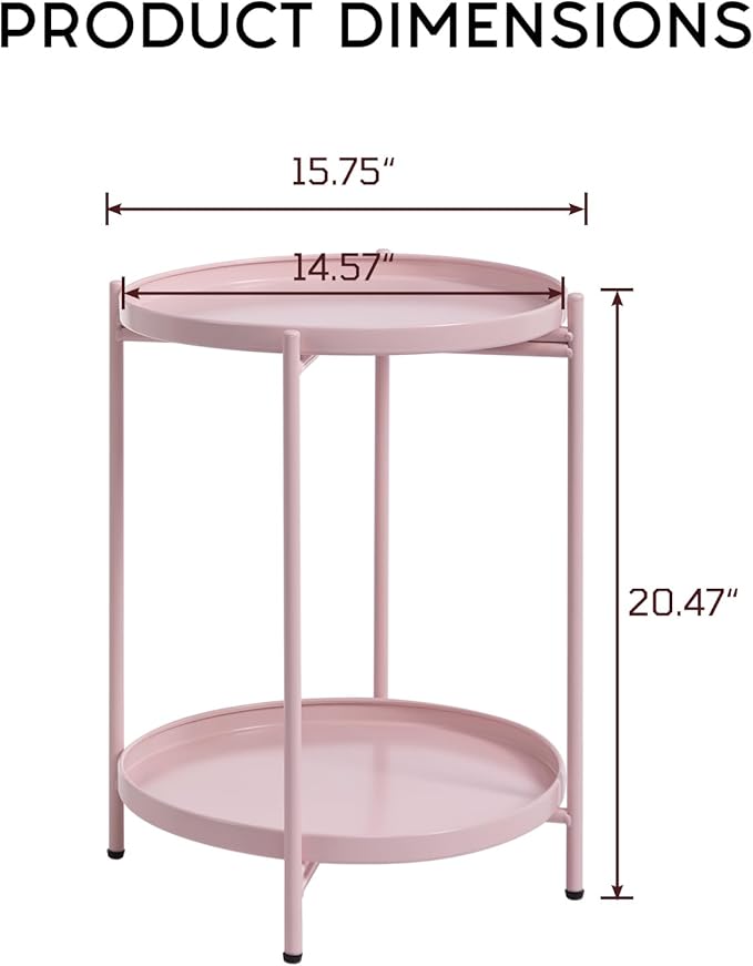 HollyHOME 2-Tier Round Side Table, Outdoor Small Folding Accent Stand with Removable Tray, Anti-Rust Metal Asional Table for Balcony Patio Living Room, Nightstand for Bedroom(Pink)