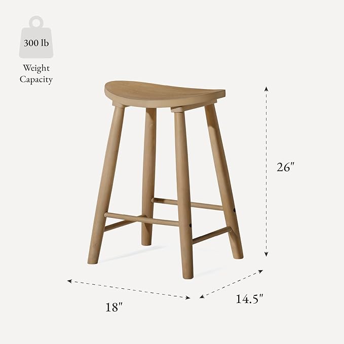 Maven Lane Luna Counter Stool Set of 3 – 26 Inch Round Stools with Footrest – Natural Solid Wood – Space-Saving Design for Kitchen Counters & Islands, Ideal for Apartments, Dorms & Compact Living