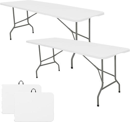 Set of 2 Folding Table 5 FT Camping Table Portable Heavy Duty Plastic Rectangular Outdoor Dining Table Steel Legs Fold-in-Half with Carrying Handle for Indoor,Picnic,Party,Wedding,Events(White)