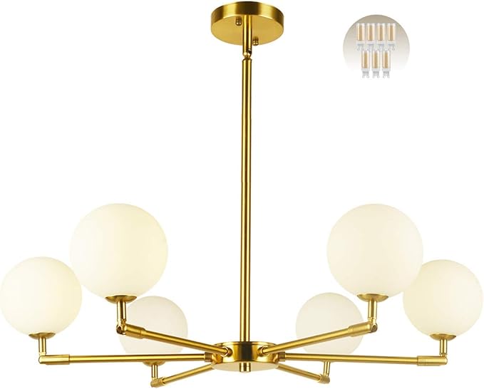 6-Lights Globe Mid Century Chandelier Modern Sputnik Pendant Light Fixture with G9 Bulb Brushed Brass Finished with White Globe Glass Lampshade Dining Kitchen Island Bedroom Lighting (Gold)