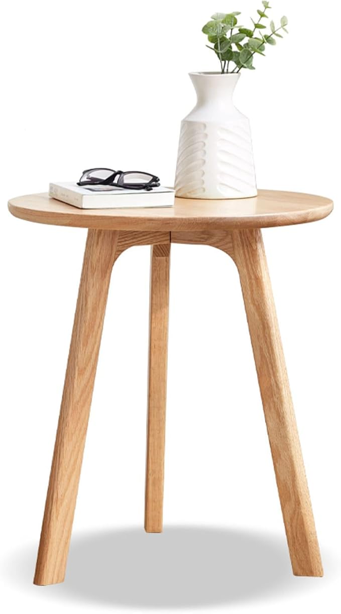 100% Solid Oak Round Side Table, Small Side Table for Small Spaces, 3-Legged Living Room End Tables with Stable Frame for Bedroom Couch Side Entryway, Natural
