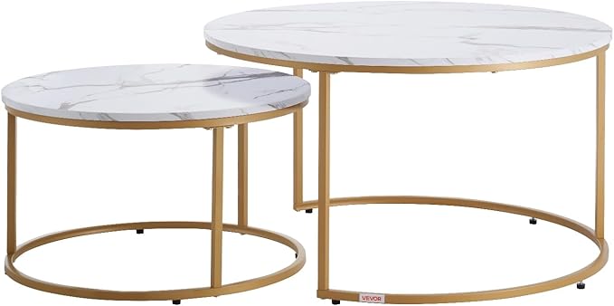 VEVOR Nesting Tables, Coffee Table Set of 2, 31.5 inch Round Coffee Table, Small Coffee Tables Night Stand with Metal Frame, for Living Room, Bedroom, Office (White & Gold)