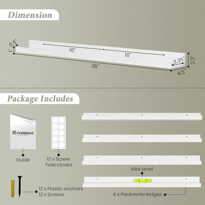 Forbena 36 Inch Floating Shelves for Wall 4-Pack, Large Nursery Book Shelves Bookshelf for Kids Bedroom, Long Picture Ledge Shelf with Lip for Living Room Photo Frames Art Display (White Solid Wood)