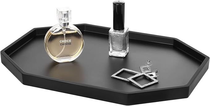 Shinowa Decorative Tray - Resin Bathroom Vanity Tray, Octagon Perfume & Jewelry Ring Dish for Countertop, Bedroom Dresser, Living Room Table, Kitchen Sink - Large, Matte Black