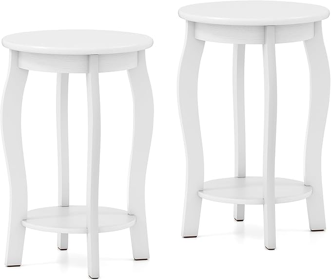 Giantex Round End Table Set of 2, Wooden Side Table with Storage Shelf, Small Nightstand with Solid Wood Legs, 2-Tier Accent Table for Living Room Bedroom