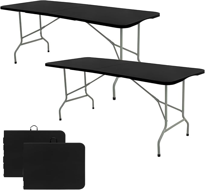 Set of 2 Folding Table 6 FT Lightweight Camping Table Portable Plastic Rectangular Outdoor Dining Table Steel Legs Fold-in-Half with Carrying Handle for Indoor,Picnic,Party,Wedding,Events(Black)