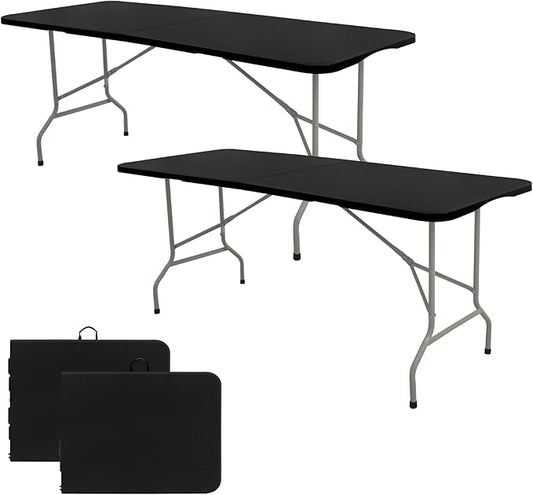 Set of 2 Folding Table 6 FT Lightweight Camping Table Portable Plastic Rectangular Outdoor Dining Table Steel Legs Fold-in-Half with Carrying Handle for Indoor,Picnic,Party,Wedding,Events(Black)
