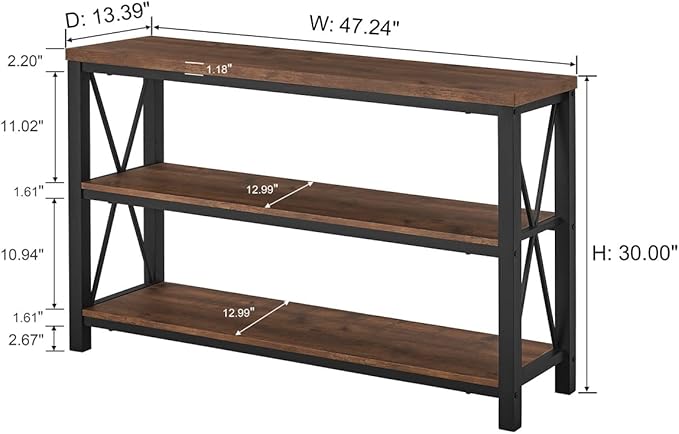 BON AUGURE Rustic Console Table Behind Couch, Industrial Entryway Table with Shelves, Farmhouse 3 Tier Sofa Tables for Living Room, Entry, Hallway (47 Inch, Rustic Oak)