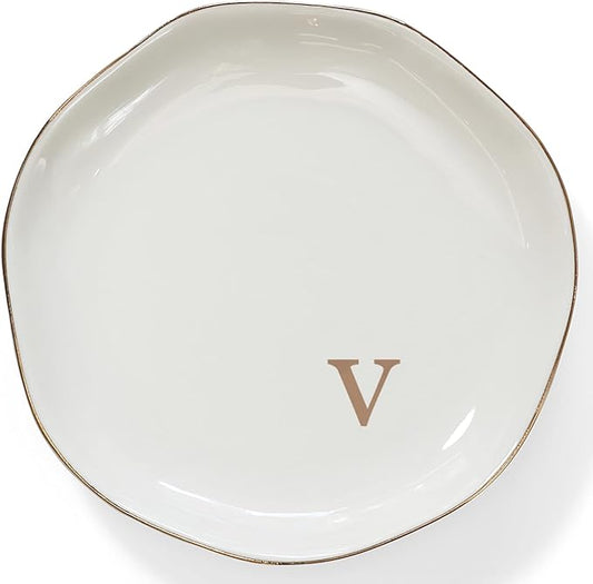 HOME SMILE Initials Ring Dish Jewery Tray with Personalized V-Monogrammed Engagement Wedding Gifts for Friends,Sister,Birthday Christmas Gifts for Women,Ceramic White