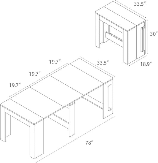 Extendable Dining Table for 2-8 People, 19–78 Inch White Marble High Gloss, Expandable Rectangular Table with Rounded Corners, Space-Saving Console Table with Hidden Leaf Storage