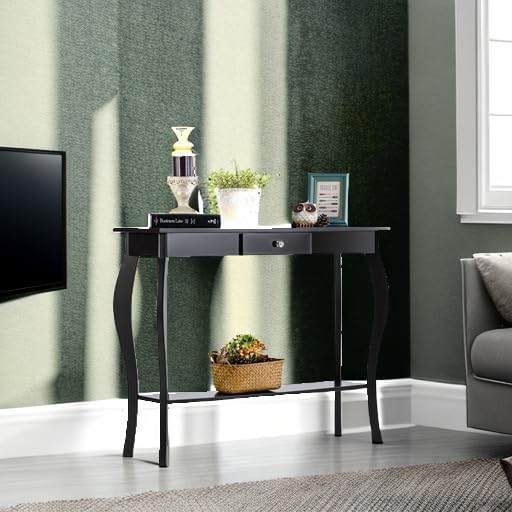 ChooChoo Narrow Console Table with Drawer, Chic Accent Sofa Table, Entryway Table, Black