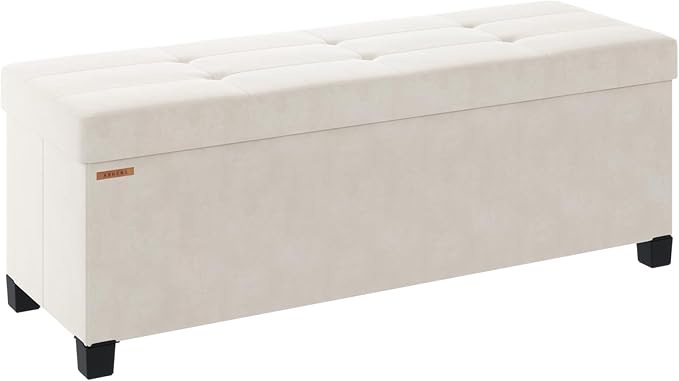 Foldable Storage Ottoman Bench, Velvet Footrest and Seat Cube with Feet, Storage Chest, for Living Room, Bedroom and Office, 15 x 43 x 15.7 Inches, Cream White, UASND24W