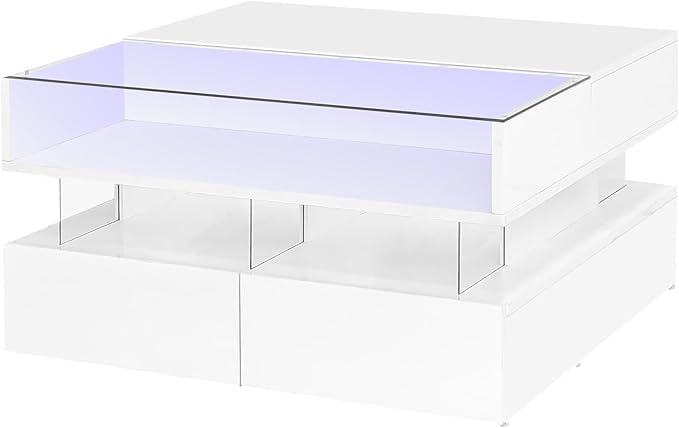 29.5" Lift Top Coffee Table with 2 Drawers and LED Lights, Modern Square High-Gloss Center Table Cocktail Tea Table with Glass Top and Hidden Space for Living Room Apartment White