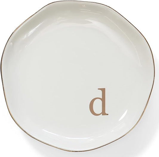 HOME SMILE Initials Ring Dish Jewery Tray with Personalized D-Monogrammed Engagement Wedding Gifts for Friends,Sister,Birthday Christmas Gifts for Women,Ceramic White
