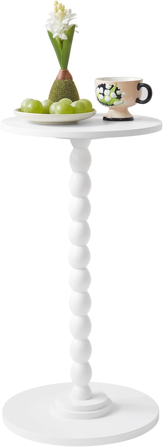 Side Table, Wood Round Drink Table, Small End Table, Weighted Base Pedestal Table for Living Room, Bedroom, Modern White YD-RST001W