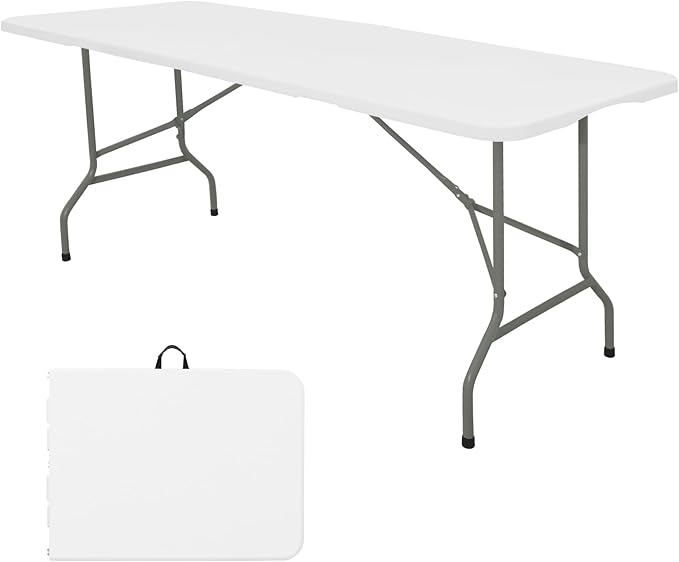 HAISIWLKJ Folding Table 8 FT Camping Table Portable Heavy Duty Plastic Rectangular Outdoor Dining Table Steel Legs Fold-in-Half with Carrying Handle for Indoor,Picnic,Party,Wedding,Events(White)