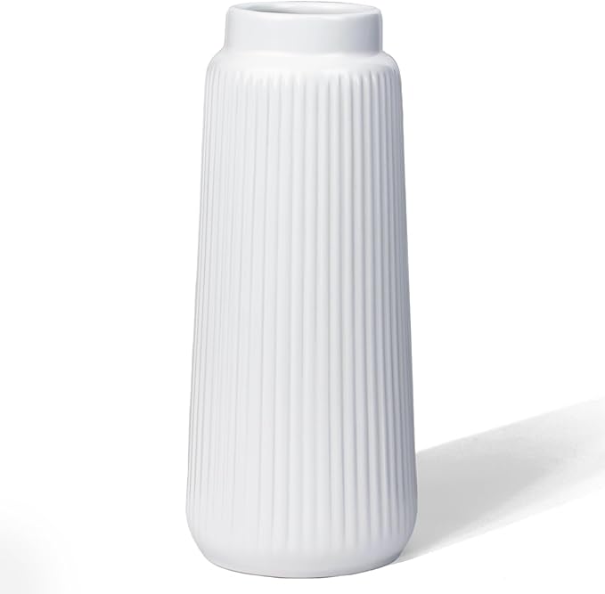 White Ribbed Ceramic Vase – Modern Elegant Flower Vase for Pampas Grass, Fresh or Dried Flowers, Minimalist Farmhouse Home Decor for Living Room, Dining Table, Wedding Centerpiece