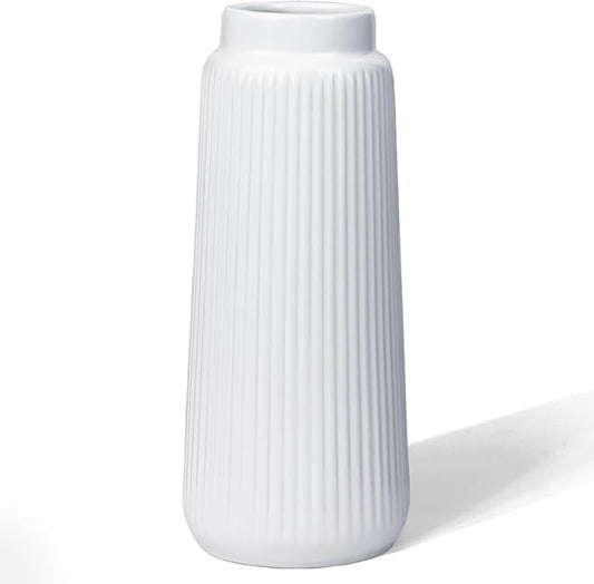 White Ribbed Ceramic Vase – Modern Elegant Flower Vase for Pampas Grass, Fresh or Dried Flowers, Minimalist Farmhouse Home Decor for Living Room, Dining Table, Wedding Centerpiece