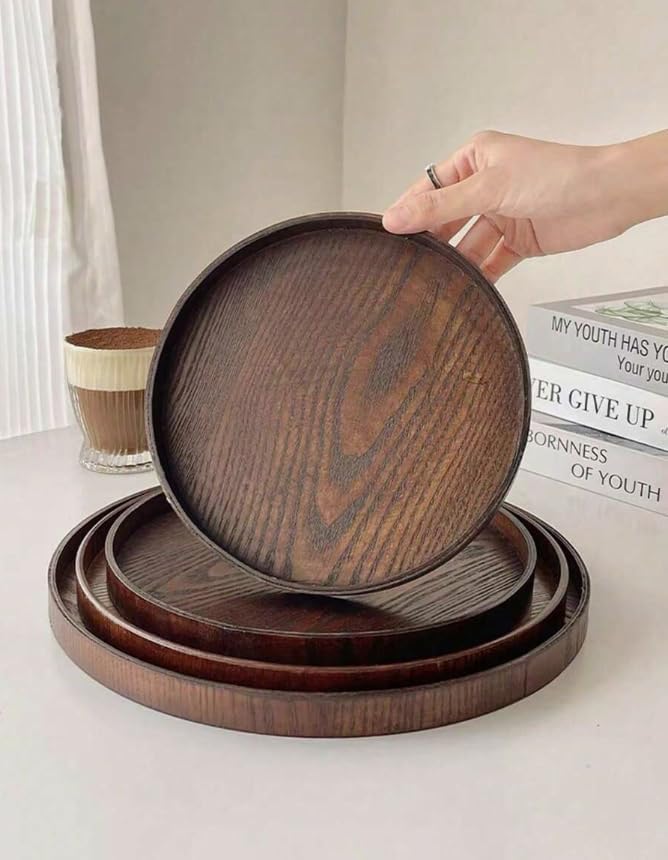 Round Wooden Serving Tray – Rustic Wood Tea Tray for Breakfast, Snacks, Coffee & Home Decor (Brown, 12.99in)