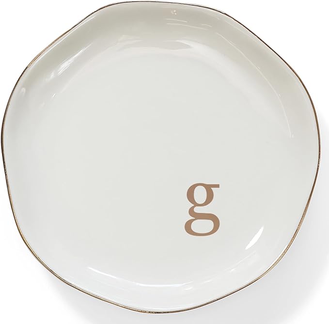 HOME SMILE Initials Ring Dish Jewery Tray with Personalized G-Monogrammed Engagement Wedding Gifts for Friends,Sister,Birthday Christmas Gifts for Women,Ceramic White