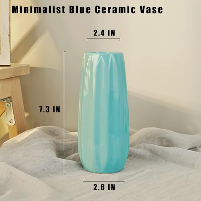 Blue Ceramic Vase 7.3 Inch - Glossy Minimalist Nordic Flower Vase for Home Decor, Perfect for Dried/Fresh Flowers, Wedding Centerpiece, Housewarming Gift for Christmas, Mother’s Day, Valentine’s Day