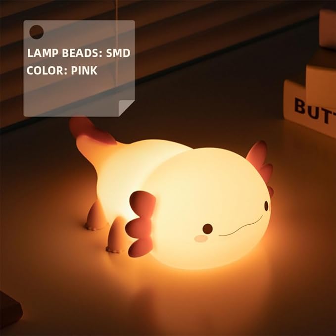 Axolotl Night Light – Cute Rechargeable Dimmable Silicone Lamp, Kawaii Room Decor for Kids Girls Boys