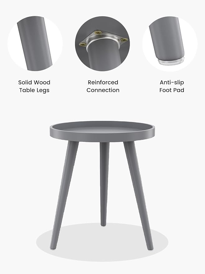 Apicizon Grey Round Side Table Set of 2, Tray Nightstand Sofa Coffee End Table for Living Room, Bedroom, Small Spaces, Easy Assembly Bedside Table, 15 x 18 Inches, Grey