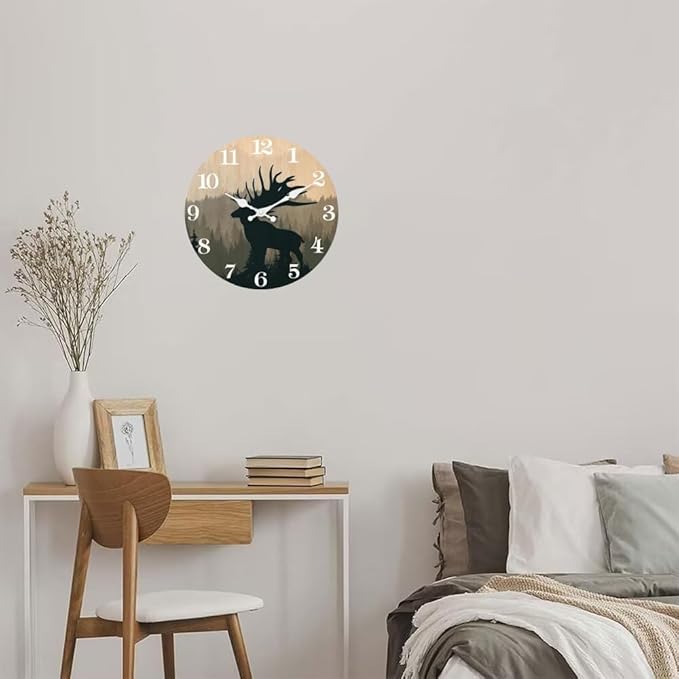 XFM Rustic Elk Deer Wall Clock 10 Inch Silent Wall Clocks Battery Operated Vintage Farmhouse Wooden Clocks Decorative for Living Room Bedroom Kitchen Cabin Decor