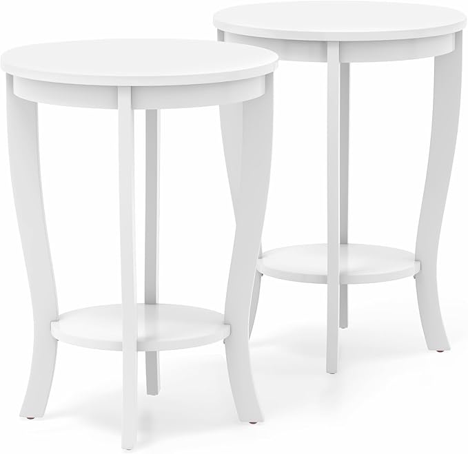 Giantex Round End Tables Set of 2, 2 Tier Side Table with Storage Shelf and Solid Wood Legs, 18" x 18" Accent Table for Corner Small Spaces, Tall Night Stand for Living Room Bedroom, White