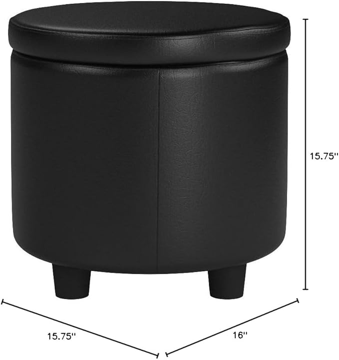 Convenience Concepts Designs4Comfort Round Accent Storage Ottoman in Black Faux Leather Fabric