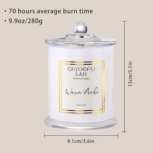Chloefu LAN Warm Amber Candle, Scented Candles Gifts for Women & Men, Amber Oil, Cotton Wick, Natural Soy Wax for Clean Burning, Luxury Home Decor, Non-Toxic, Glass Jar Candle, 70 Hour Burn, 10 oz