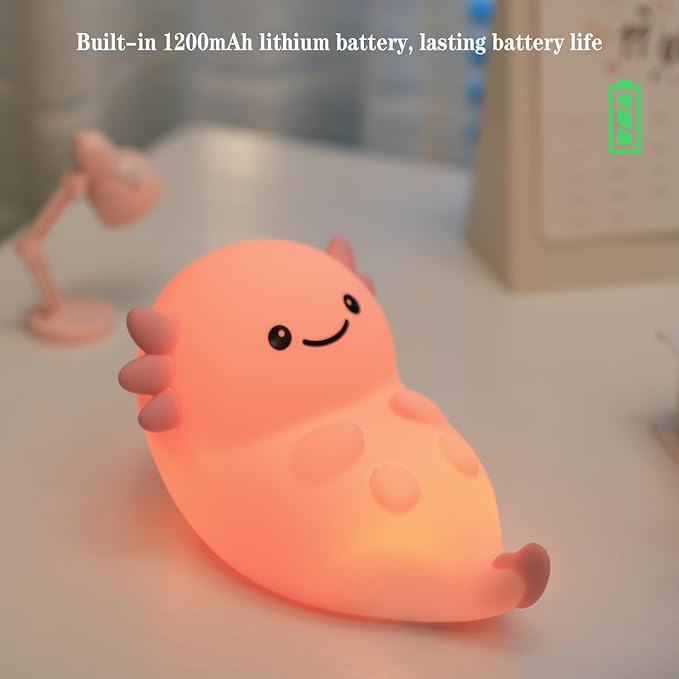 Cute Pink Axolotl Night Light, LED Squishy Night Lamp, Dimmable Timer Nursery Nightlight for Kids, Rechargeable Touch Lamp, Dorm Decor, Kids Funny Gifts (Pink Axolotl)