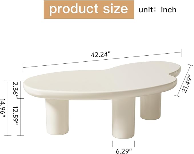 42.24" Cloud Shaped Coffee Table, Unique Style Center Table, Small End Table, Modern Irregular Coffee Table with 3 Legs for Small Space, Living Room, Easy Assembly, Cream White