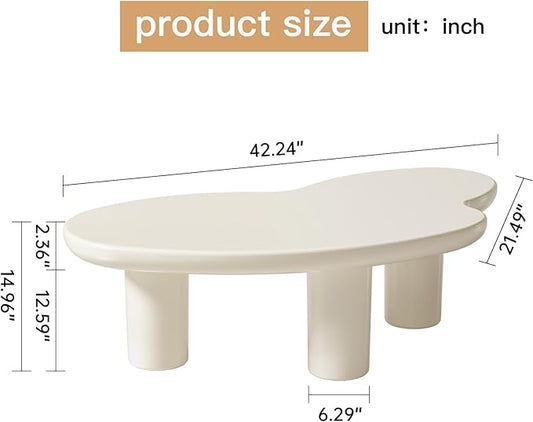42.24" Cloud Shaped Coffee Table, Unique Style Center Table, Small End Table, Modern Irregular Coffee Table with 3 Legs for Small Space, Living Room, Easy Assembly, Cream White