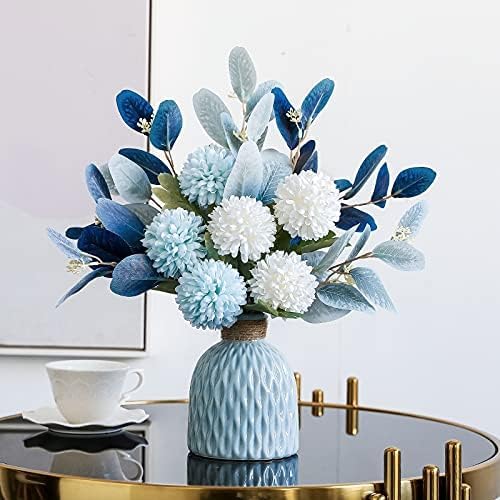 Artificial Flowers and Vases,Fake Hydrangea with Eucalyptus Bouquet Combination, Realistic Dining Table, Living Room Home Decoration （Blue）