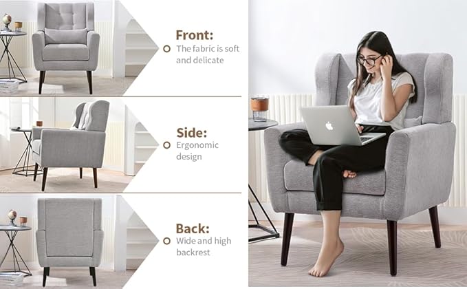Modern Accent Chair, Upholstered Arm Chair with Waist Pillow, Single Sofa Chair for Living Room Bedroom Small Spaces (Light Gray)