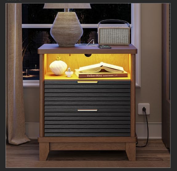 AOGLLATI Fluted Nightstand with Charging Station and 2 Drawers, Black Nightstand, Beside Table with Open Storage and Led Lights, Retro End Side Table for Bedroom, Black