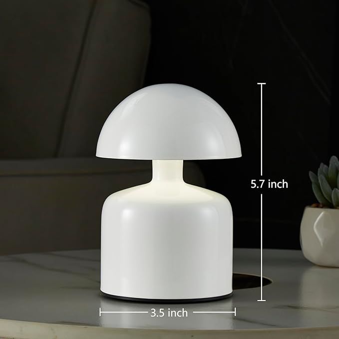 Modern Cordless Mushroom Small Table Lamp Touch LED Lamps, 3-Way Dimmable Bedside Nightstand Lamp Mini Rechargeable Night Light for Bedroom, Living Room (White)