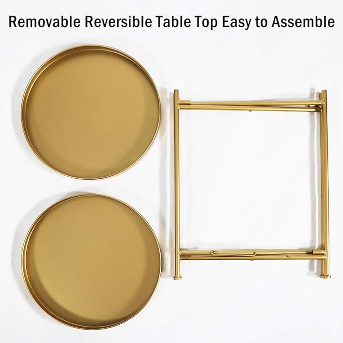 Tiita 2 Pack Round End Table Mental Side Table Nightstand/Small Wood Tables Accent Coffee Table with Wooden Tray for Living Room Bedroom Office Small Space