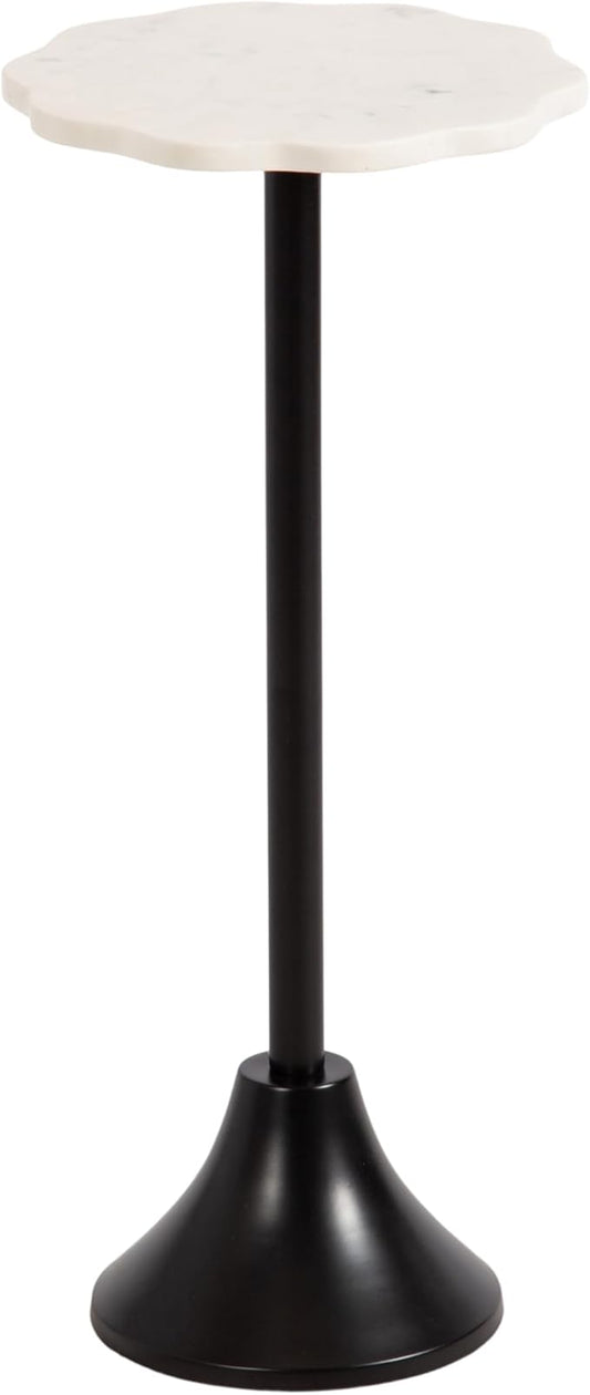 Kate and Laurel Sanzo Modern Pedestal Drink Table, 10 x 10 x 23, White Marble and Black, Decorative End Table with Scalloped Marble Tabletop for Use as Small Plant Stand or Cute Martini Table