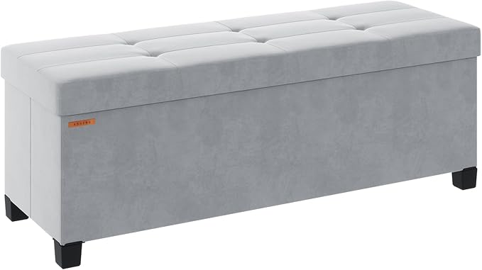 Foldable Storage Ottoman Bench, Velvet Footrest and Seat Cube with Feet, Storage Chest, for Living Room, Bedroom and Office, 15 x 43 x 15.7 Inches, Dove Gray, ASND24G
