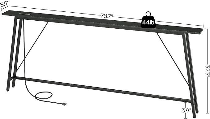 78.7" Couch Table Behind Sofa, Narrow Console Table with Outlet, Skinny Sofa Tables Narrow Long, Long Entryway Tables for Hallway, Entryway, Living Room, Black CT205UBB