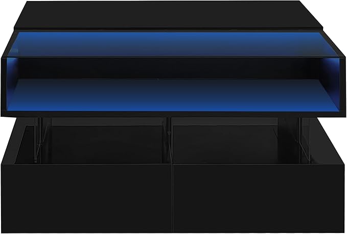 29.5" Lift Top Coffee Table with 2 Drawers and LED Lights, Modern Square High-Gloss Center Table Cocktail Tea Table with Glass Top and Hidden Space for Living Room Apartment Black