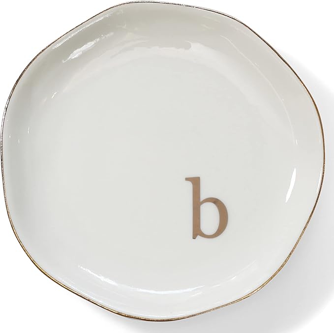 HOME SMILE Initials Ring Dish Jewery Tray with Personalized B-Monogrammed Engagement Wedding Gifts for Friends,Sister,Birthday Christmas Gifts for Women,Ceramic White