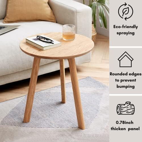 100% Solid Oak Round Side Table, Small Side Table for Small Spaces, 3-Legged Living Room End Tables Set of 2with Stable Frame for Bedroom Couch Side Entryway, Natural
