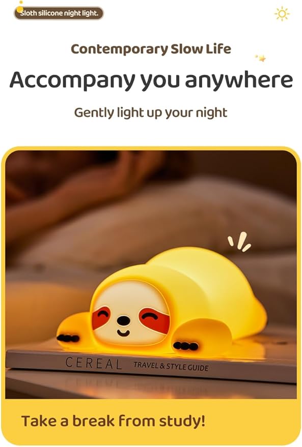 Cute Sloth Night Light, Animal Lamp, Food Grade Silicone, Rechargeable, 3 Level Dimmable, Squishy Nursery Nightlight for Desk Decor, Funny Gifts Stuff for Boys Girls Baby, White Elephant Gifts